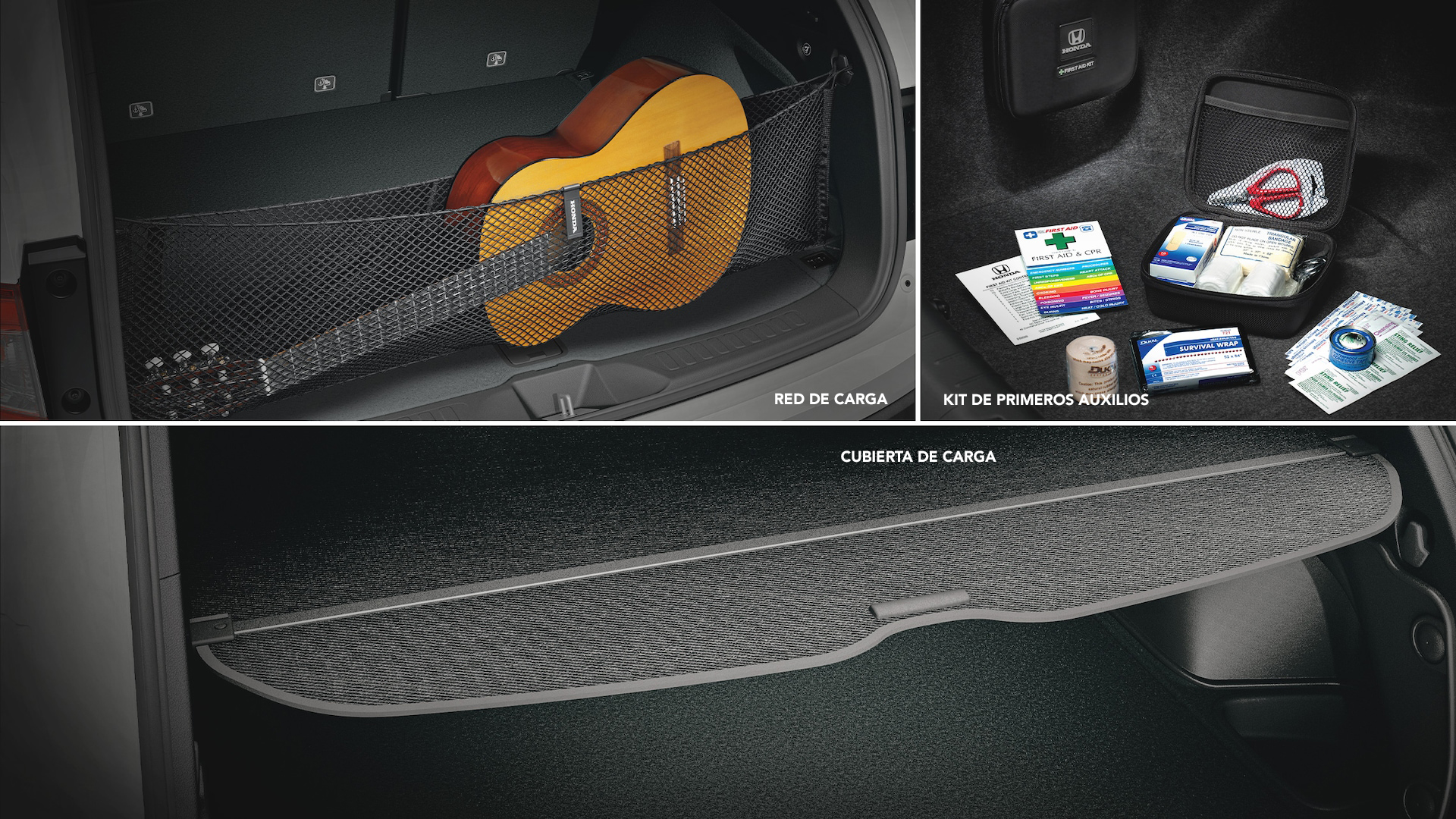 Imagen de tres paneles que muestra detalles de la red para carga accesoria, del kit de primeros auxilios accesorio y de la cubierta de carga accesoria en la Honda Passport 2022.