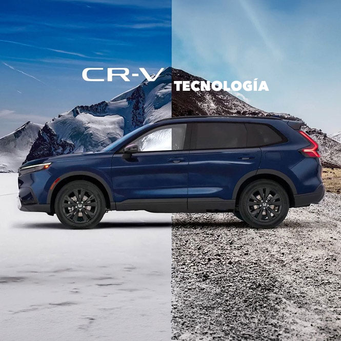 Perfil de la Honda CR-V 2027 en Canyon River Blue Metallic estacionada en un terreno de nieve y montaña (SUV crossover compacta).